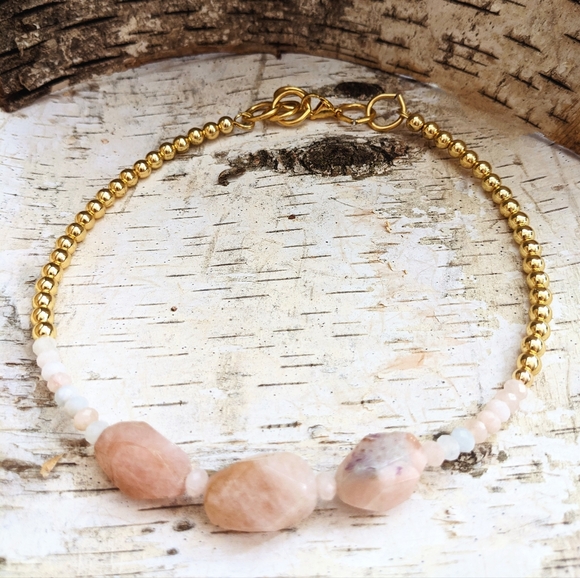 Natural Large Morganite Nugget & Beads With Gold Beads In Choker/Necklace - Picture 8 of 11